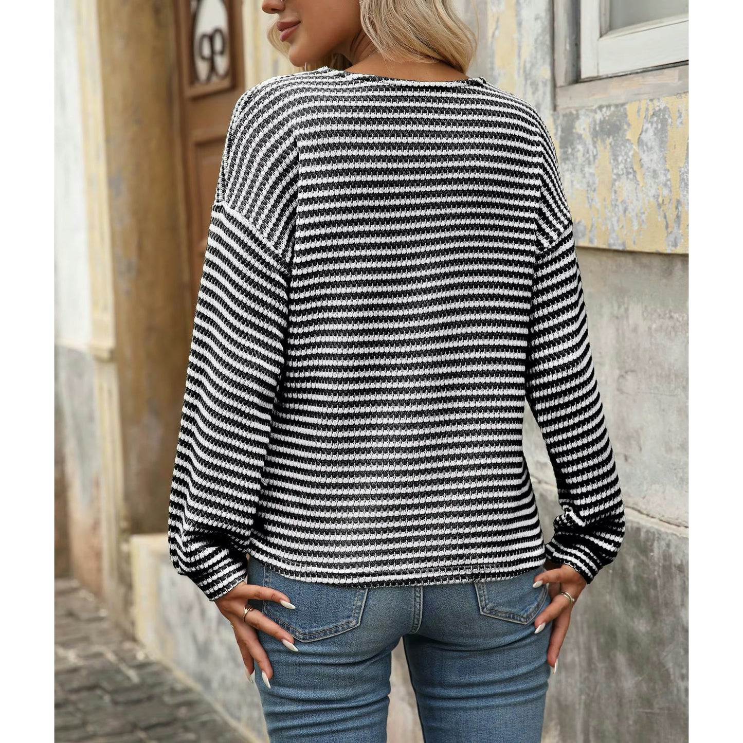 Libby Striped V Neck Waffle Knit Henley Long Sleeve Top