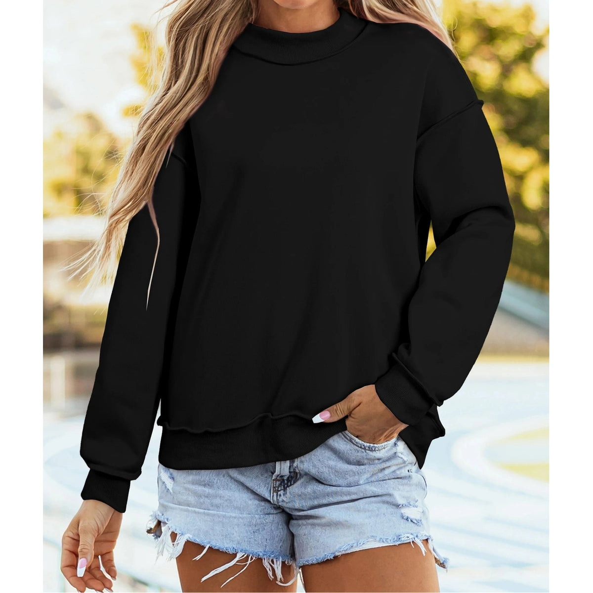 Alessia Black Oversize Drop Shoulder Reversible Mock Neck Sweatshirt