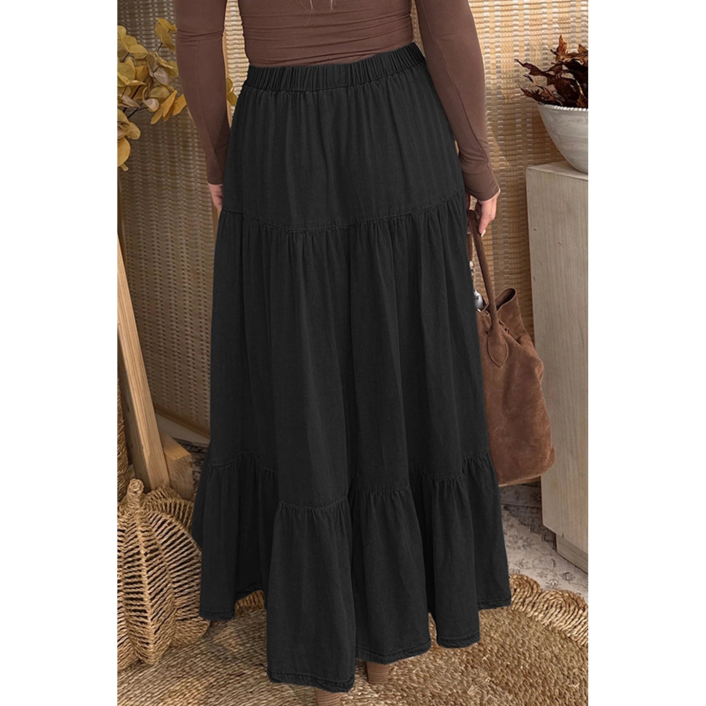 Erin Rose Black Elastic Waist Ruffled Tiered Flared Denim Maxi Skirt