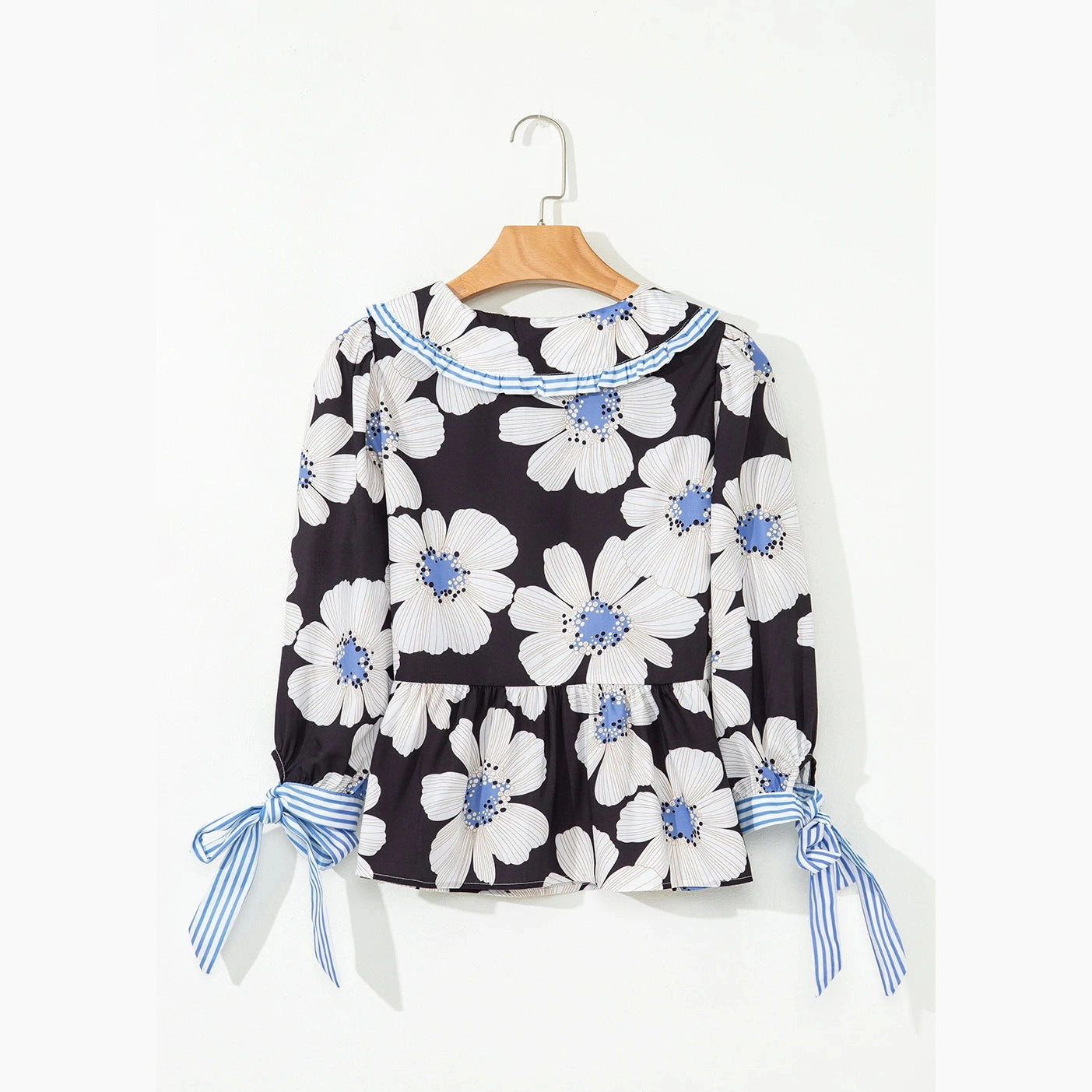 Arabella Black Floral Print Striped Tie Sleeve Collared V Neck Blouse