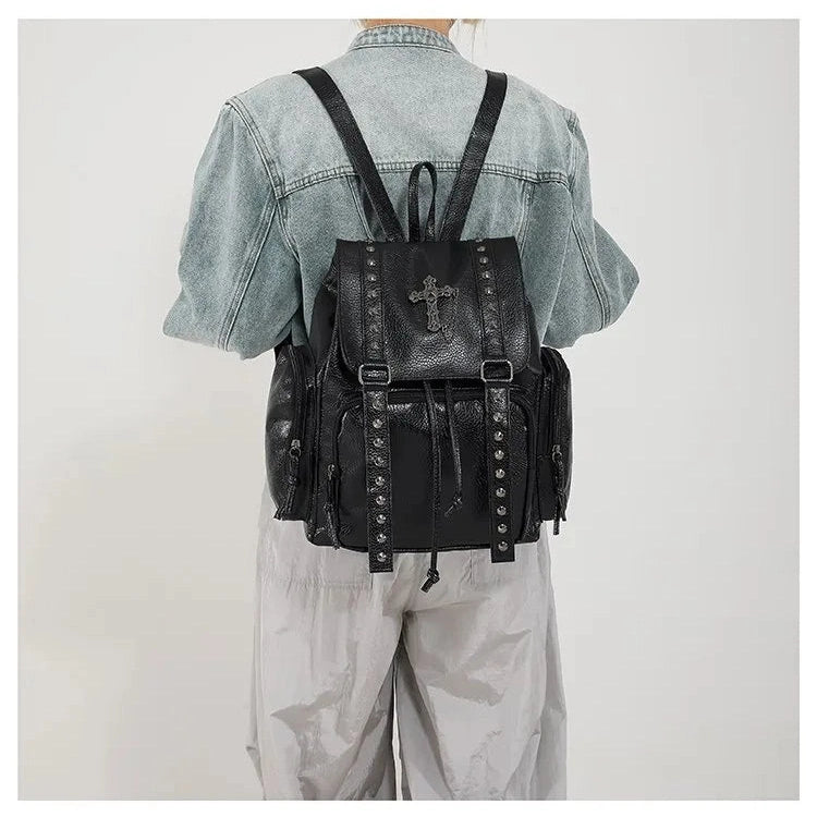 PU Leather Rivet Cross Backpack - 4 Colors