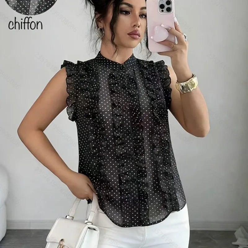 Sheree Black Ruffle Dot Sheer Chiffon Blouse
