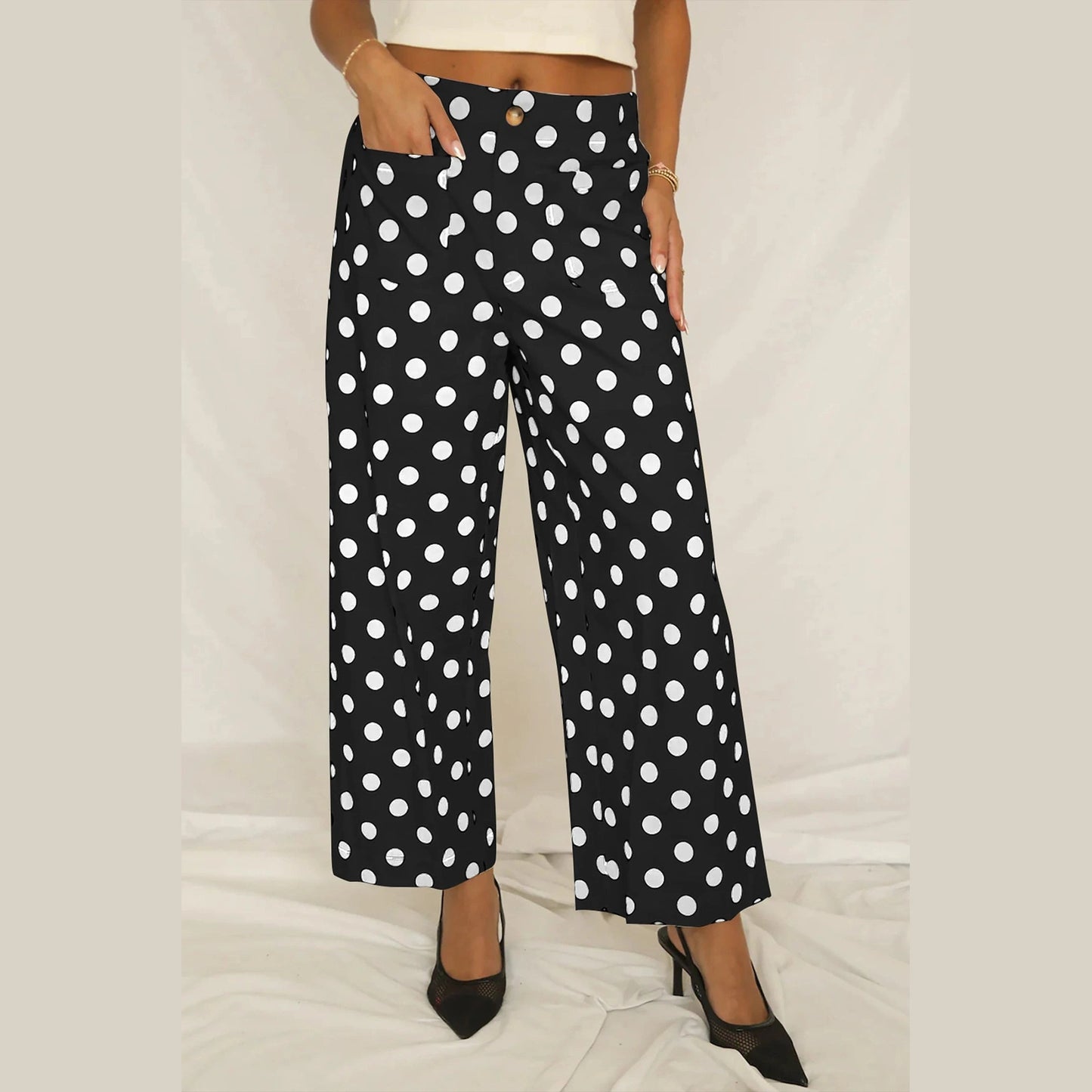Yolanda Black Polka Dot Print Patched Pocket Loose Pants