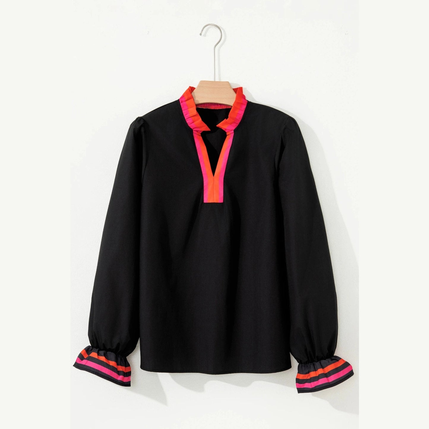 Jewell Black Striped Trim Ruffle Split Neck Long Sleeve Blouse