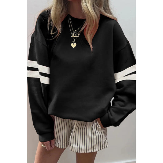Black Varsity Striped Detail Drop Shoulder Oversized Sweatshirt