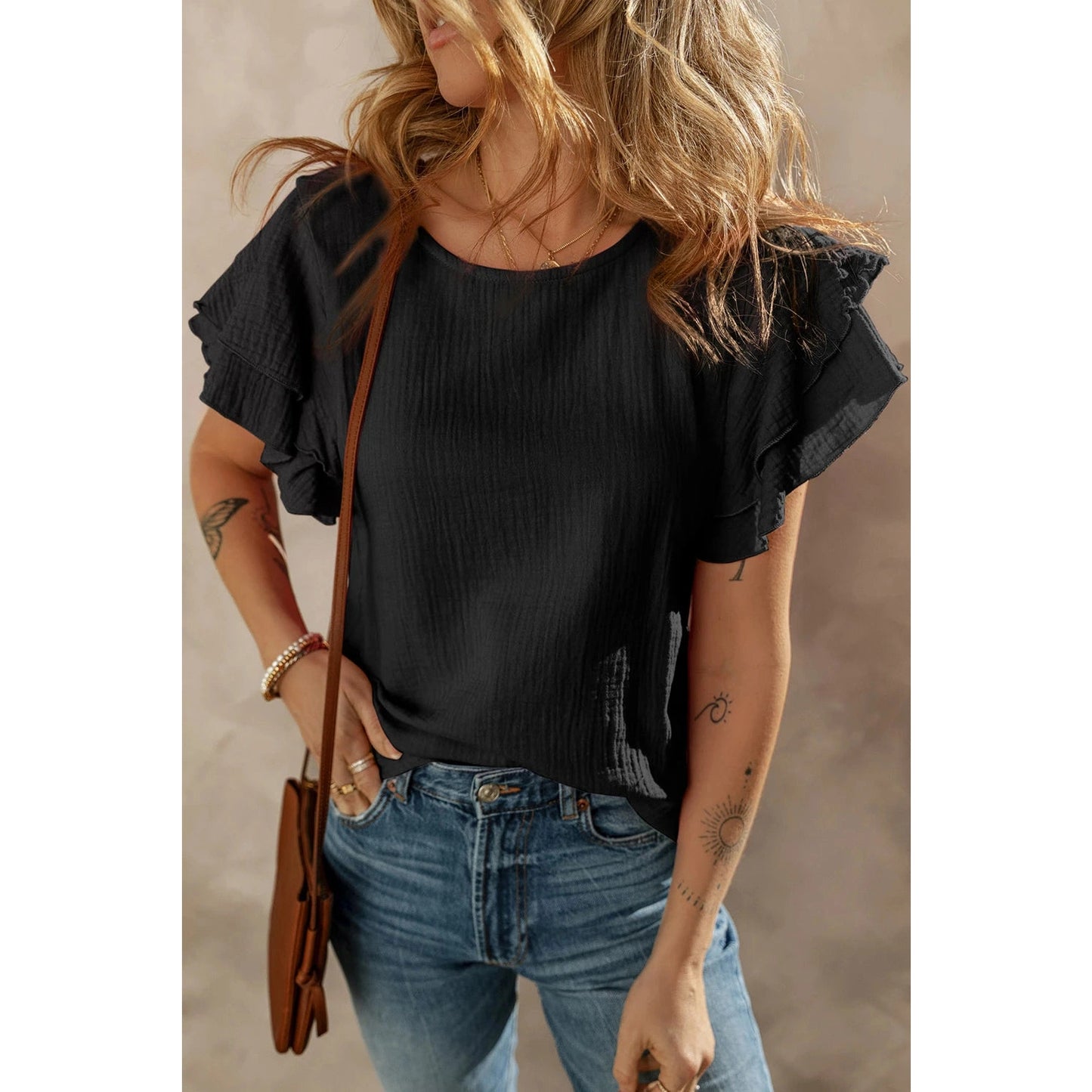 Verena Black Crinkled Cotton Gauze Ruffle Sleeve Blouse