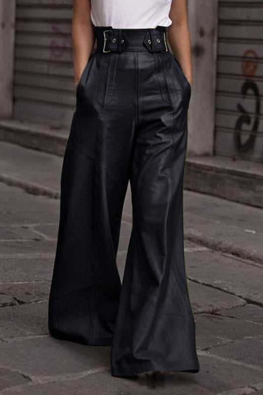 Jasmine Black PU Leather Flared Trousers Pants With Pockets