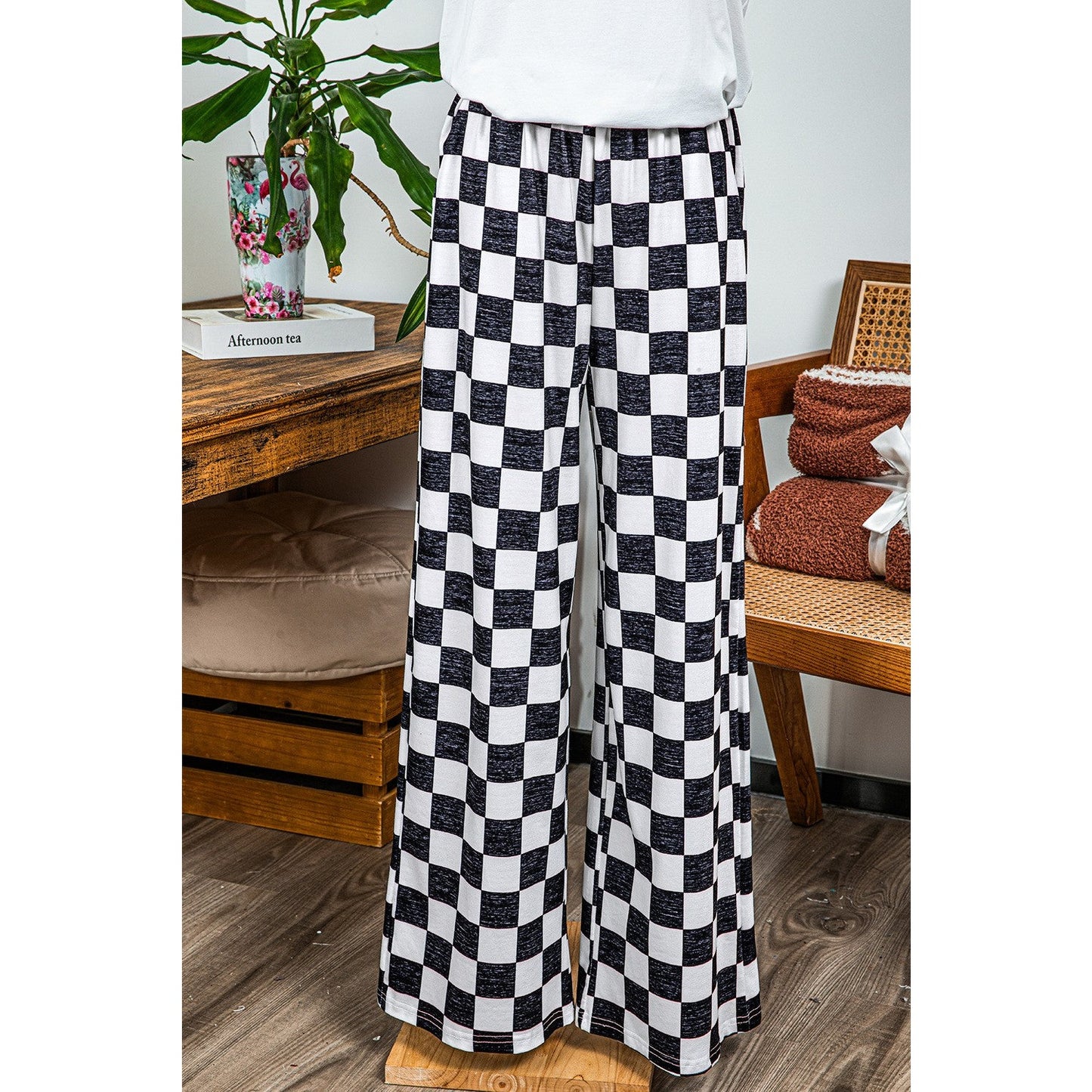 RTS Kinney Black 2-Tone Checked Print High Waist Wide Leg Pants
