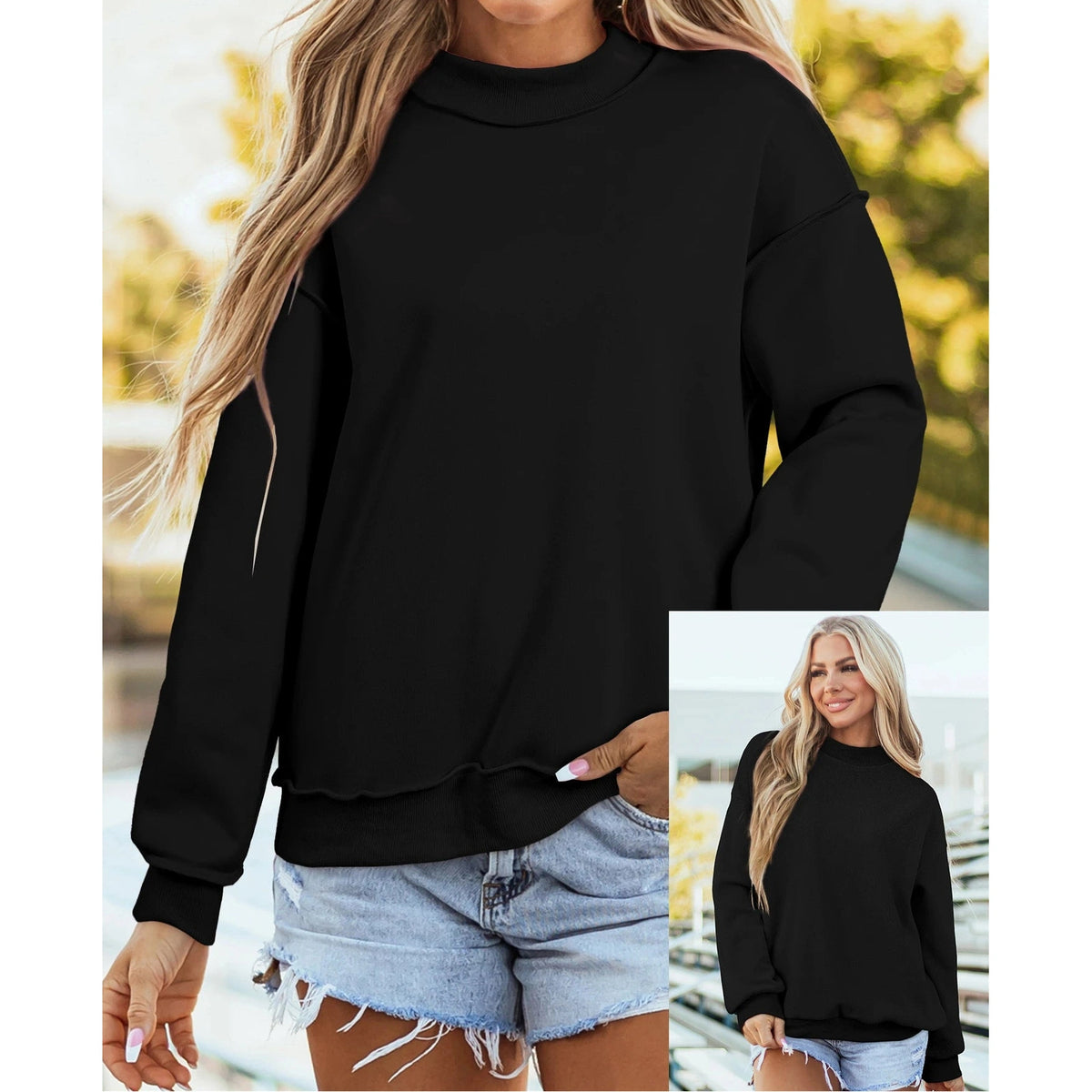 Alessia Black Oversize Drop Shoulder Reversible Mock Neck Sweatshirt
