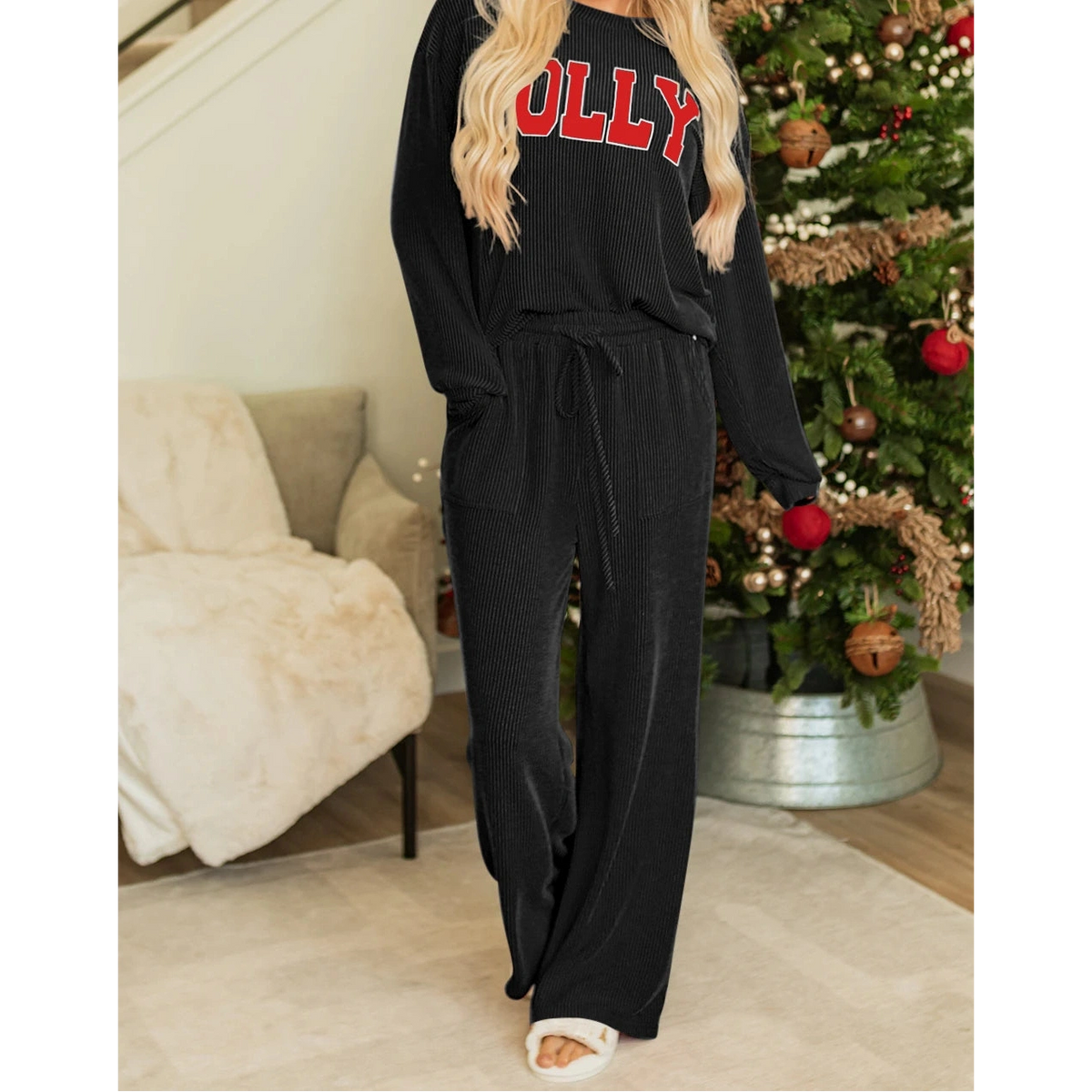 Black JOLLY Corded Long Sleeve Top and Pockets Pants Set