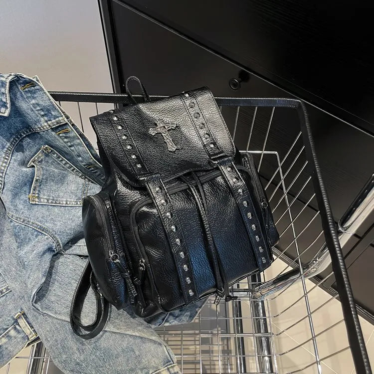 PU Leather Rivet Cross Backpack - 4 Colors