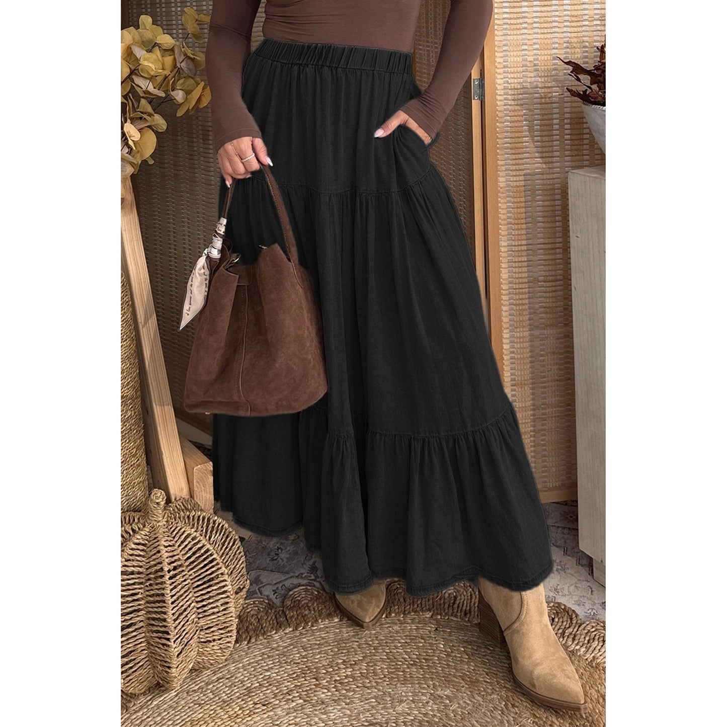 Erin Rose Black Elastic Waist Ruffled Tiered Flared Denim Maxi Skirt
