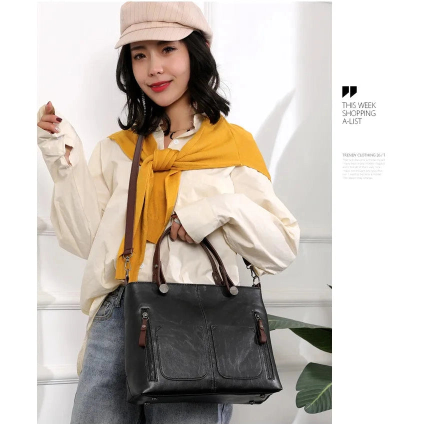 PU Leather Handbag with Dual Zippers and Front Pockets - 3 Colors