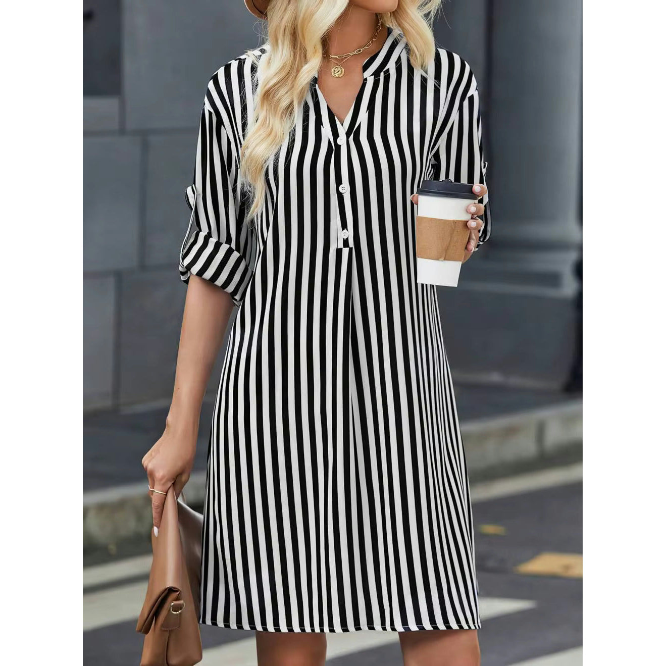 Darby Black & White Vertical Stripe Shirt Dress