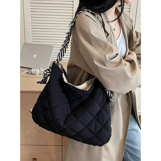 Slouchy Quilted Tote with Contrast Strap - 6 Colors