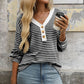 Libby Striped V Neck Waffle Knit Henley Long Sleeve Top