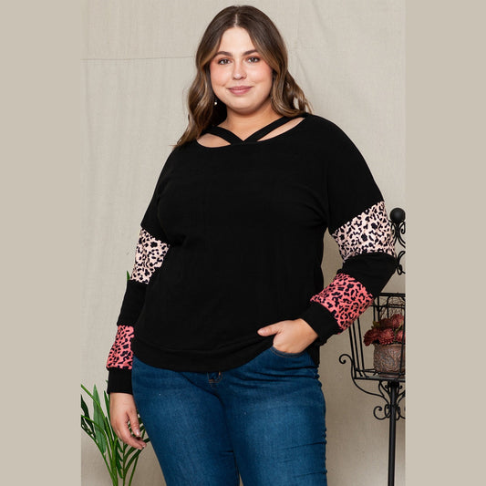 RTS Black Plus Size Leopard Patchwork Strappy Neck Top