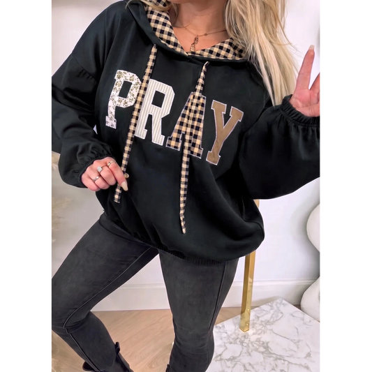 Black PRAY Mix Pattern Letter Graphic Plaid Contrast Drawstring Hoodie