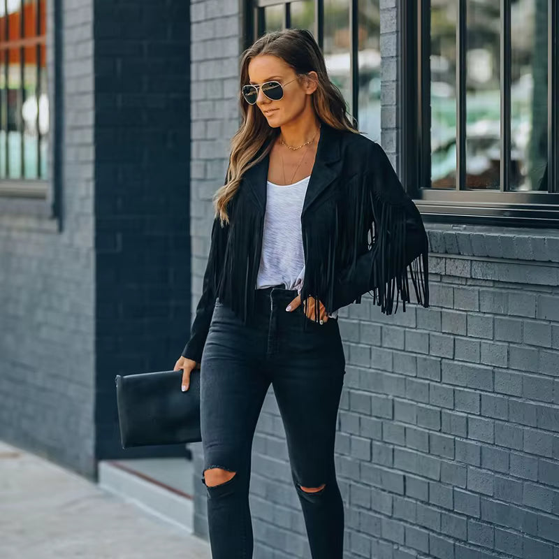 Joney Black Faux Leather Fringe Jacket