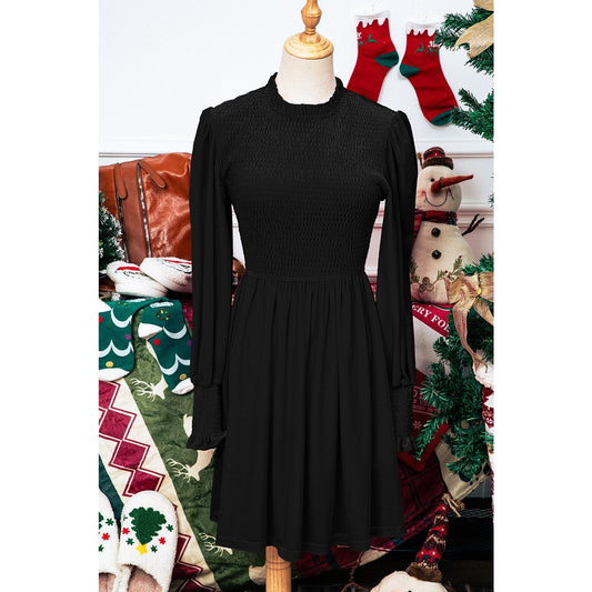 Netta Black Frilled Neck Smocked Bodice Velvet Dress