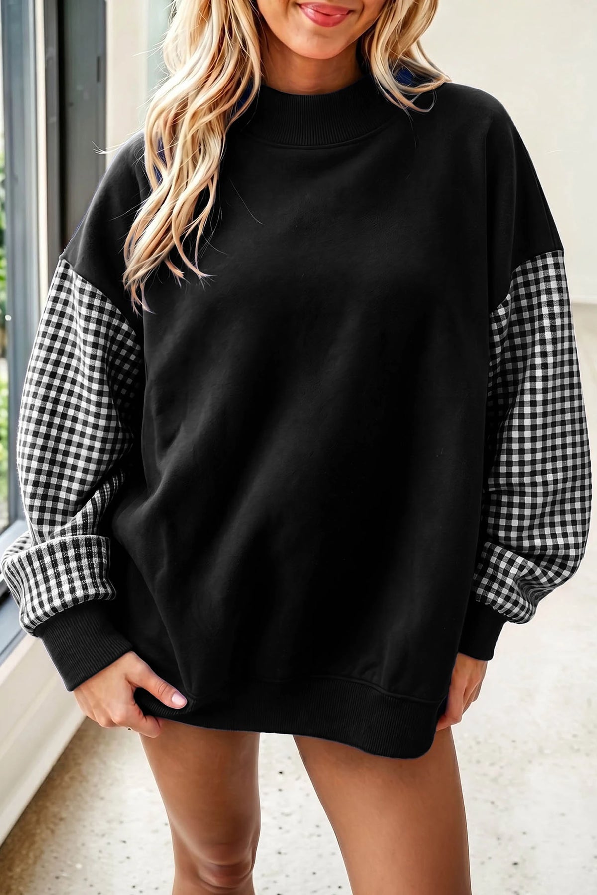 Kyrie Black Plaid Sleeve Colorblock Loose Tunic Sweatshirt