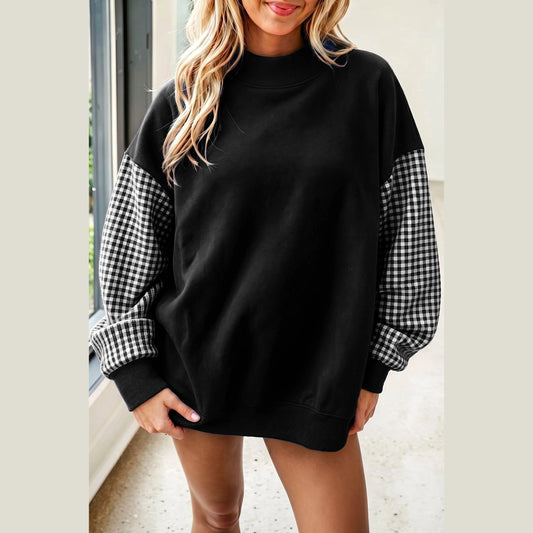 Kyrie Black Plaid Sleeve Colorblock Loose Tunic Sweatshirt