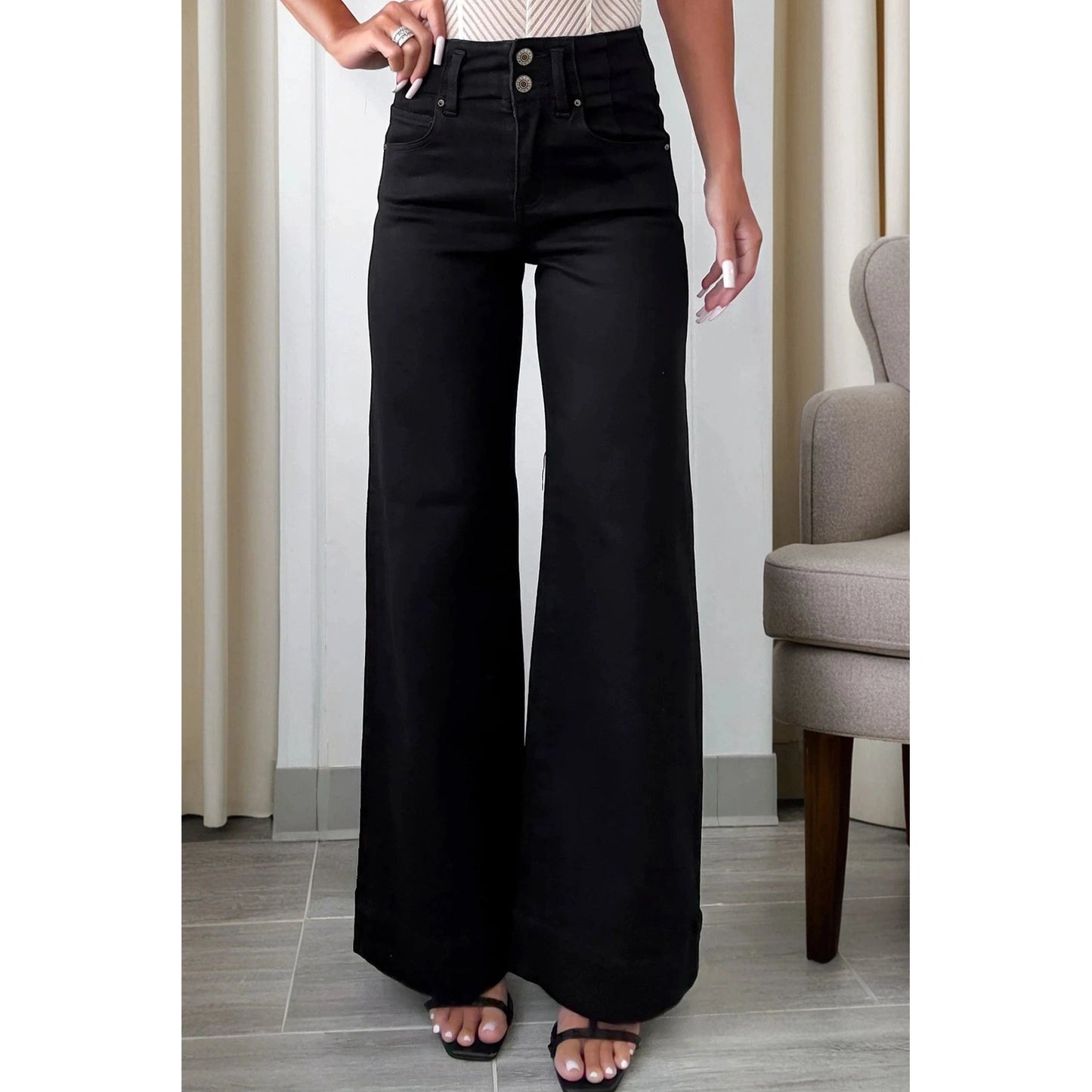 Catlee Black 2-Button High Waist Flared Bottom Jeans