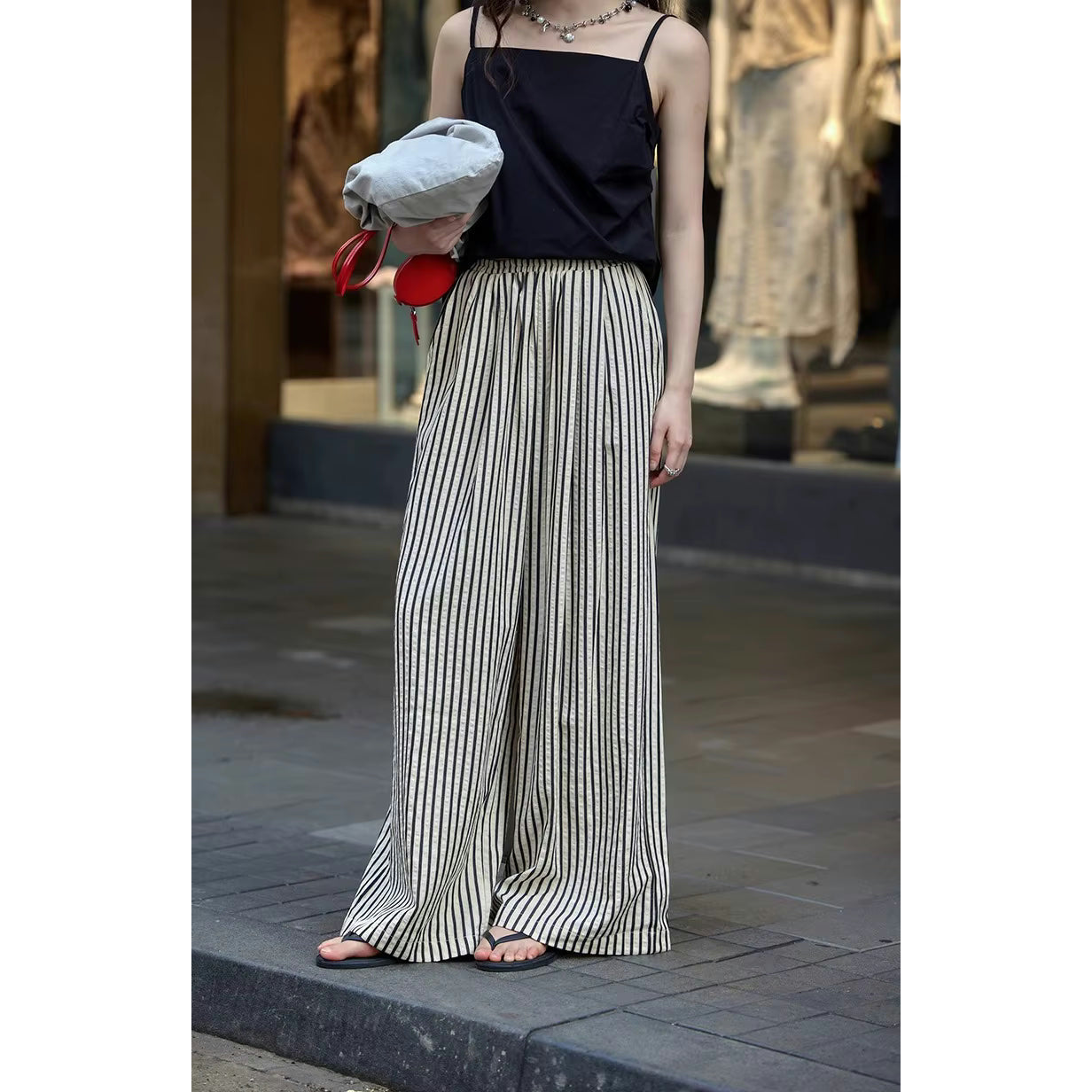 Sherie Black Stripe Elastic Waist Pants
