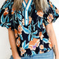RTS Black Floral Short Bubble Sleeve Buttoned Notched Neck Blouse