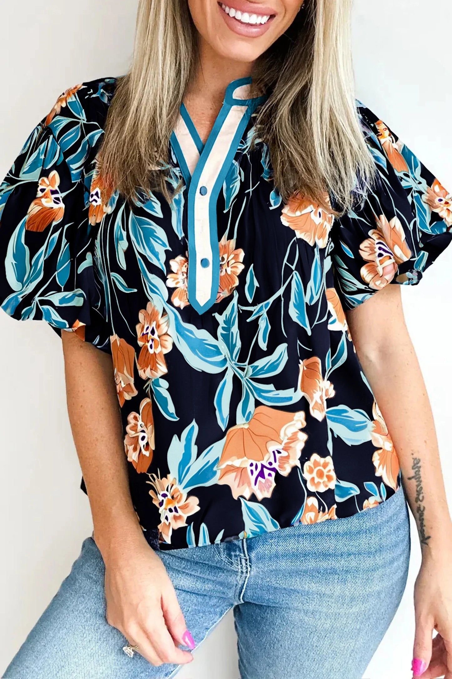 RTS Black Floral Short Bubble Sleeve Buttoned Notched Neck Blouse