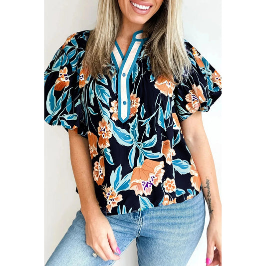 RTS Black Floral Short Bubble Sleeve Buttoned Notched Neck Blouse