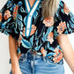 RTS Black Floral Short Bubble Sleeve Buttoned Notched Neck Blouse