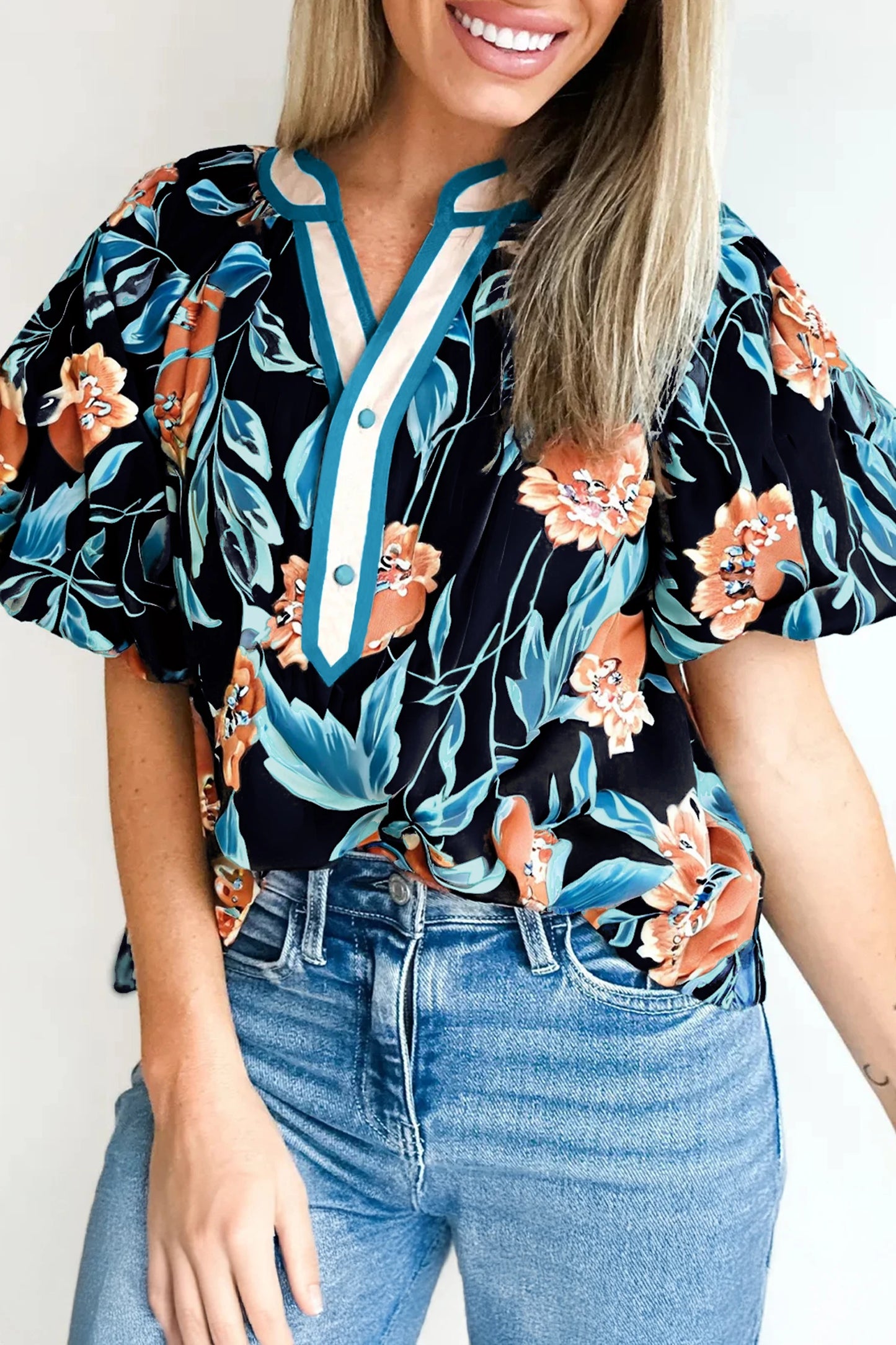 RTS Black Floral Short Bubble Sleeve Buttoned Notched Neck Blouse