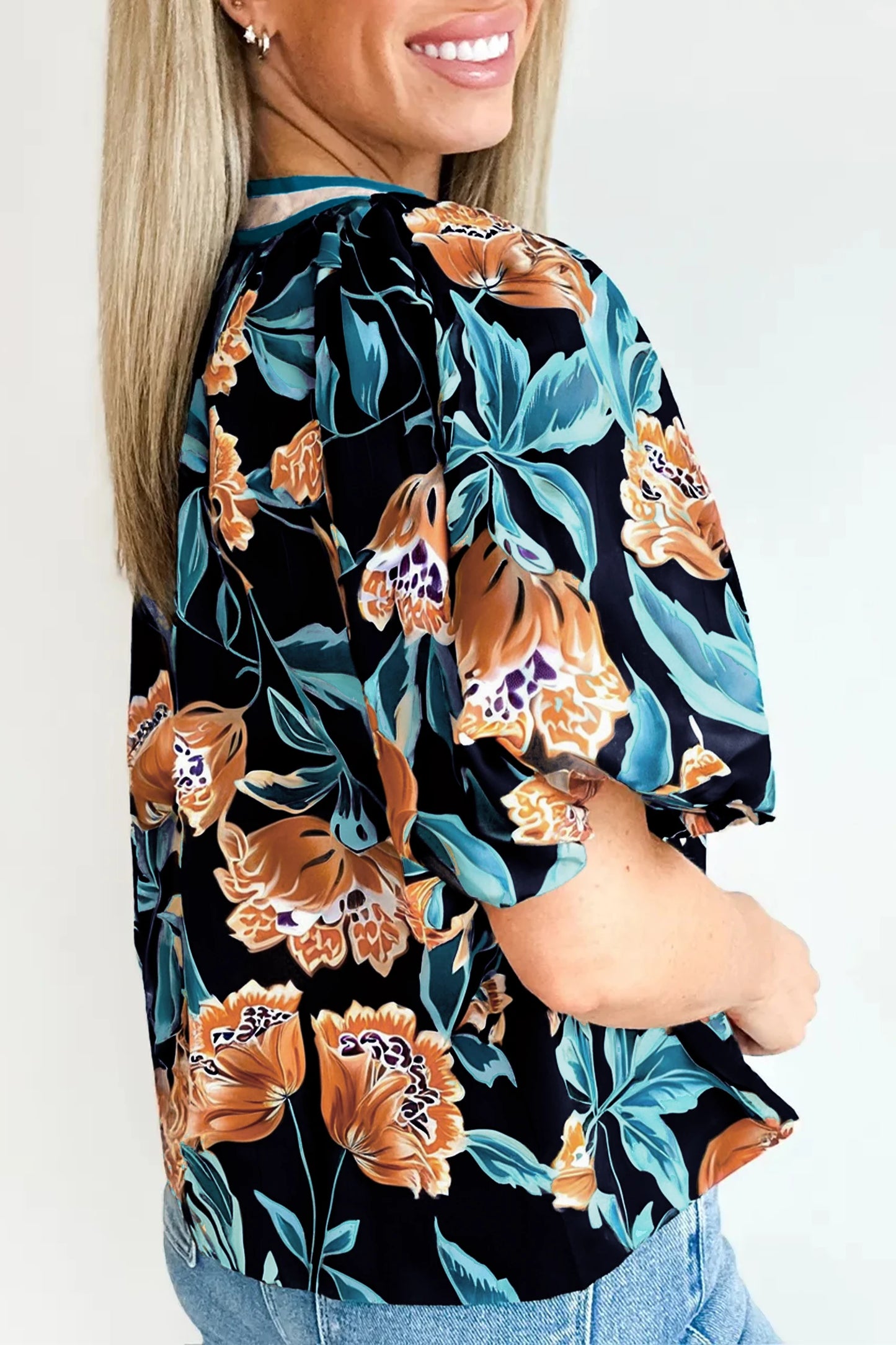 RTS Black Floral Short Bubble Sleeve Buttoned Notched Neck Blouse