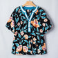 RTS Black Floral Short Bubble Sleeve Buttoned Notched Neck Blouse