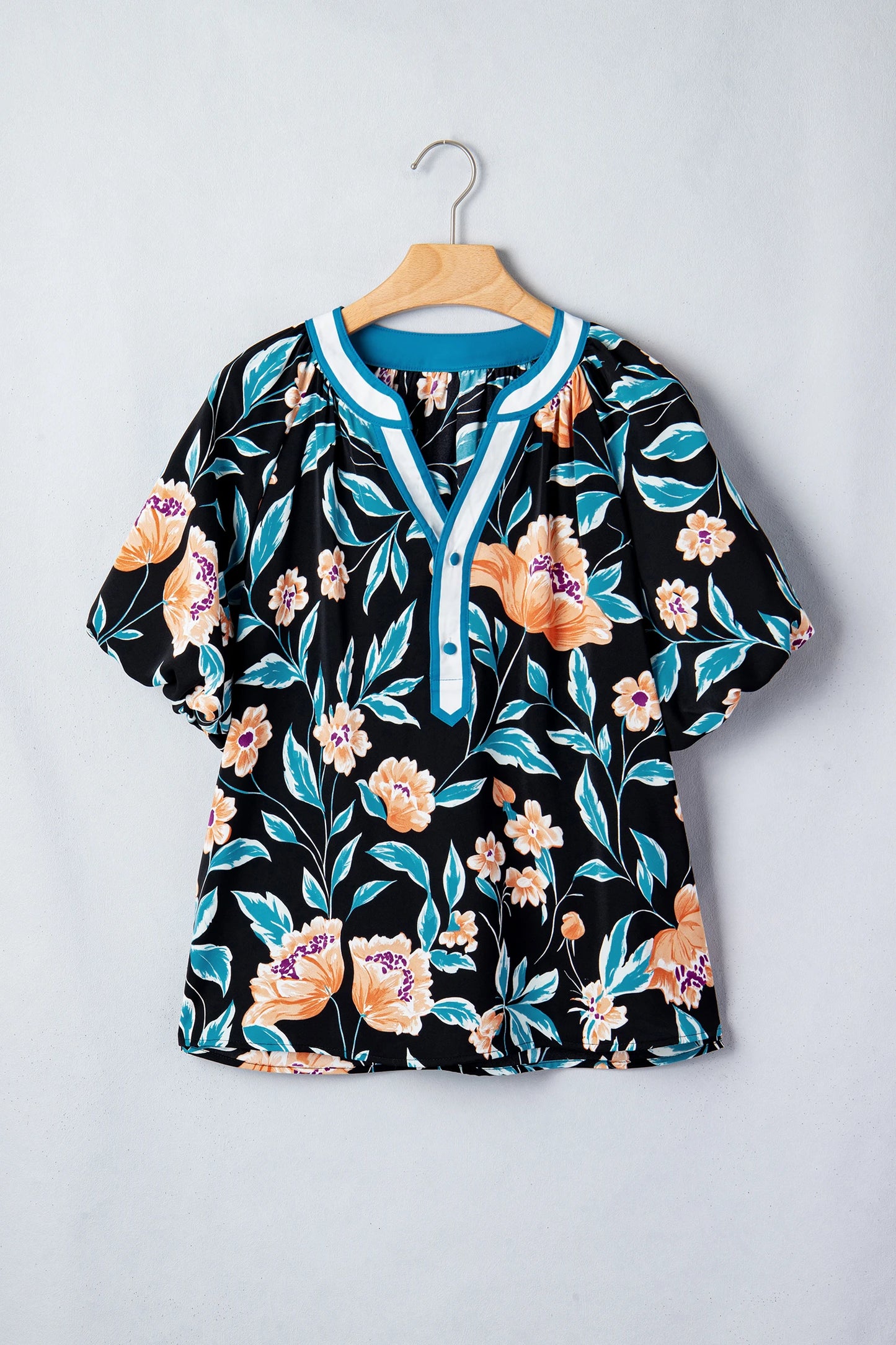 RTS Black Floral Short Bubble Sleeve Buttoned Notched Neck Blouse