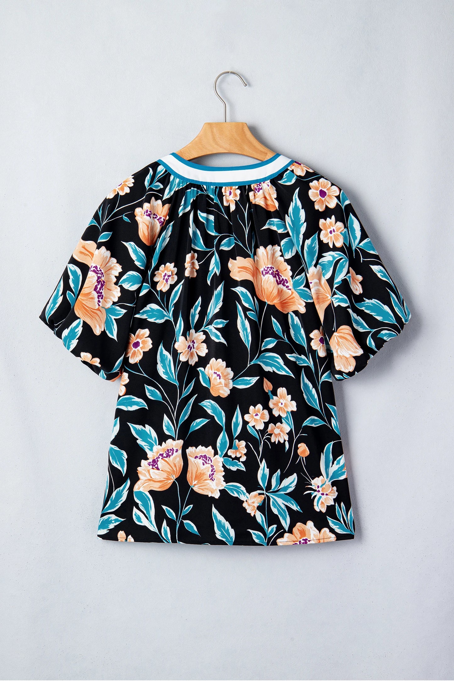 RTS Black Floral Short Bubble Sleeve Buttoned Notched Neck Blouse