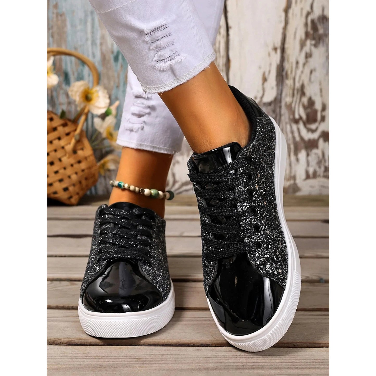 Glitter PU Leather Sneakers - 3 Colors