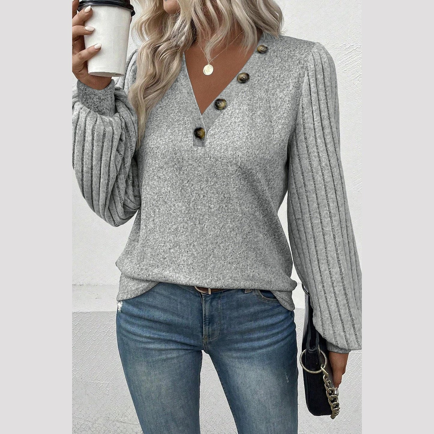 Blakelie Light Grey Buttoned V Neck Ribbed Puff Sleeve Top