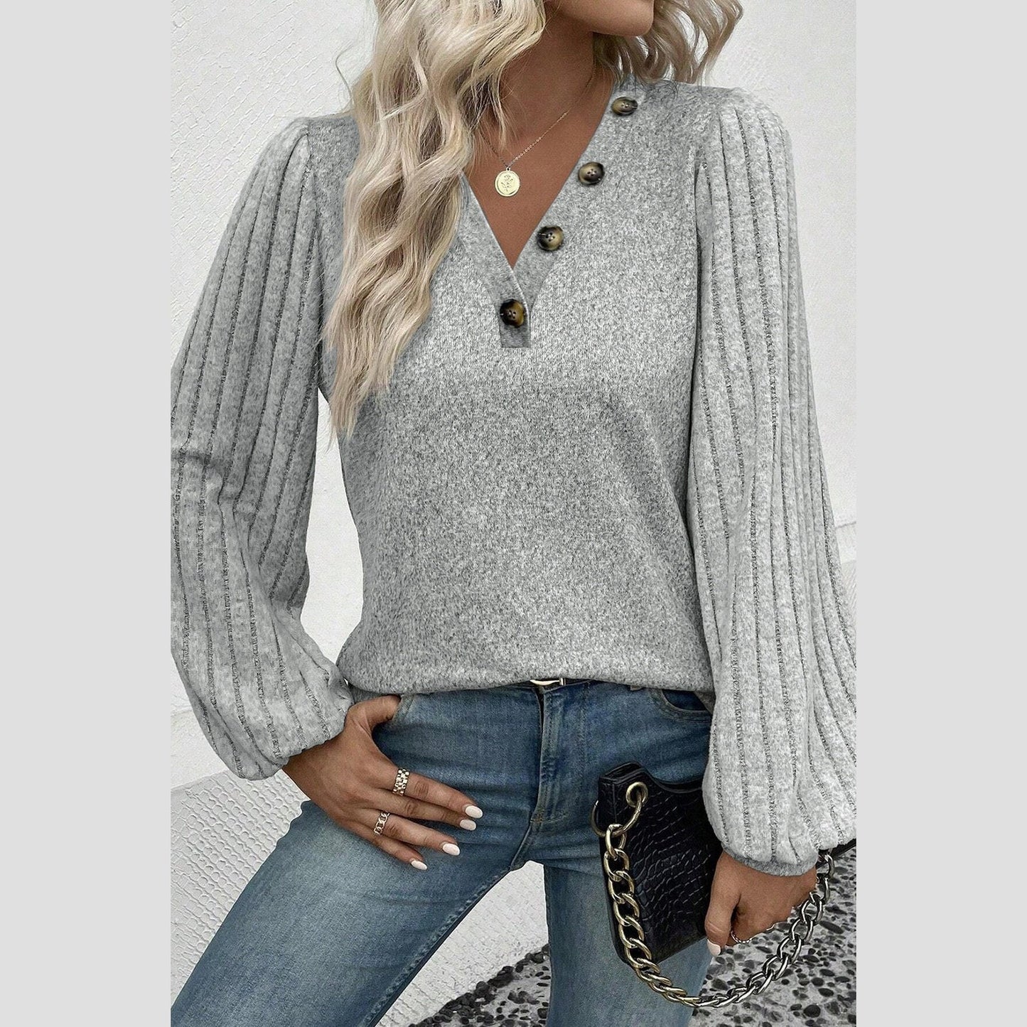 Blakelie Light Grey Buttoned V Neck Ribbed Puff Sleeve Top