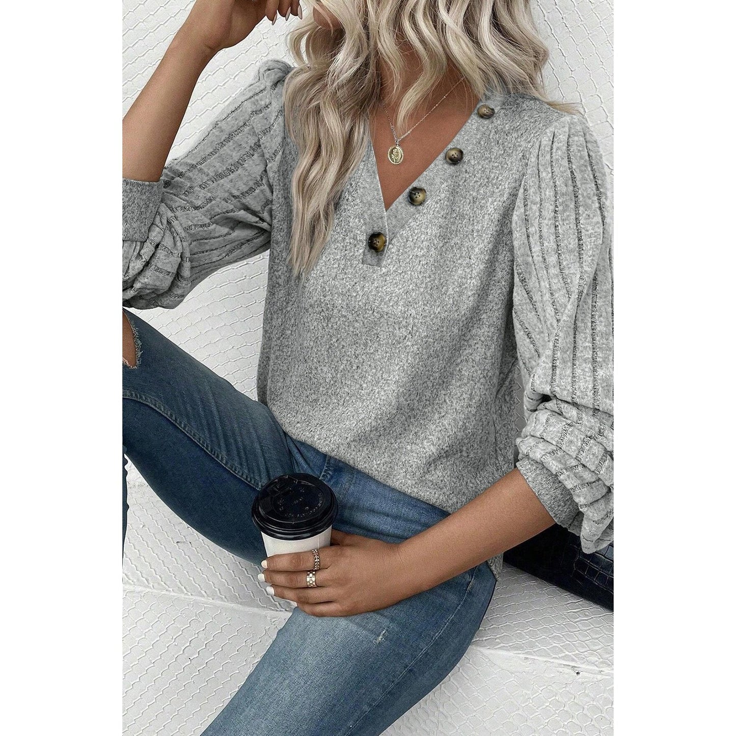 Blakelie Light Grey Buttoned V Neck Ribbed Puff Sleeve Top