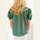 Blakely Green Ric Rac Trim Tie Split Neck Short Sleeve Blouse