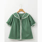 Blakely Green Ric Rac Trim Tie Split Neck Short Sleeve Blouse