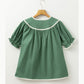 Blakely Green Ric Rac Trim Tie Split Neck Short Sleeve Blouse
