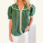 Blakely Green Ric Rac Trim Tie Split Neck Short Sleeve Blouse