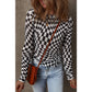 Blanca Black Checkered Pattern Mesh Mock Neck Long Sleeve Top