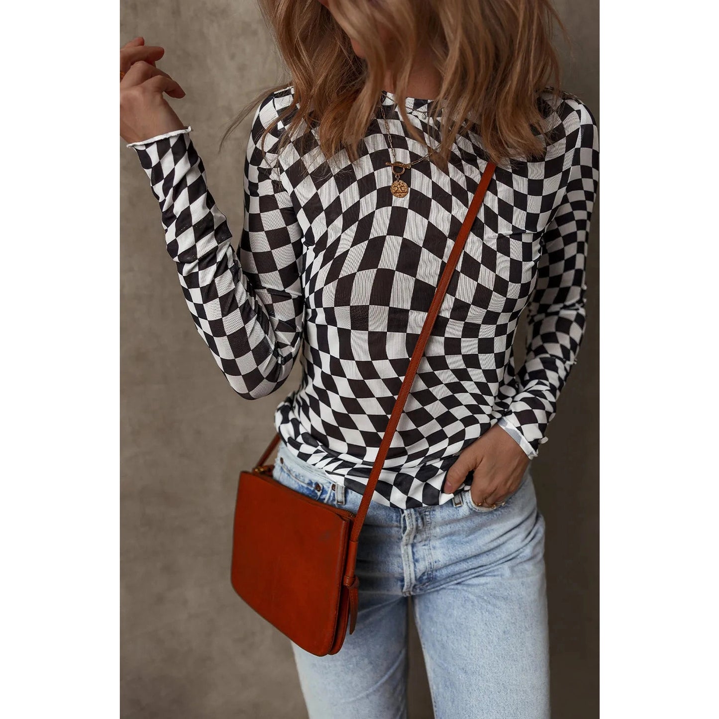 Blanca Black Checkered Pattern Mesh Mock Neck Long Sleeve Top