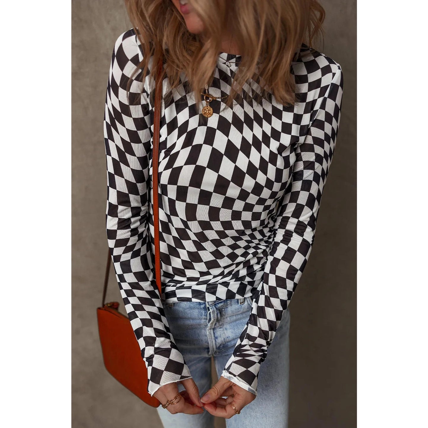 Blanca Black Checkered Pattern Mesh Mock Neck Long Sleeve Top