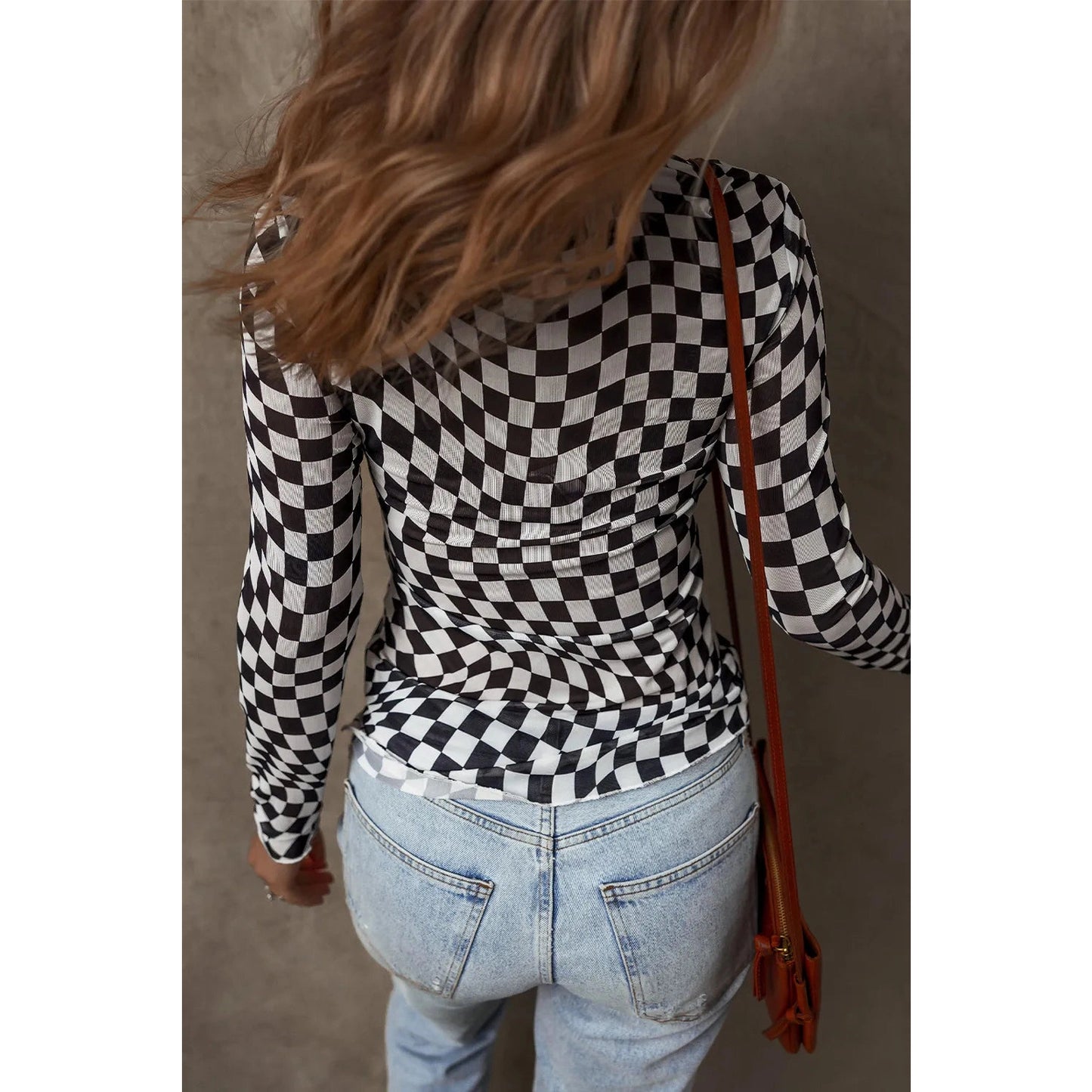 Blanca Black Checkered Pattern Mesh Mock Neck Long Sleeve Top