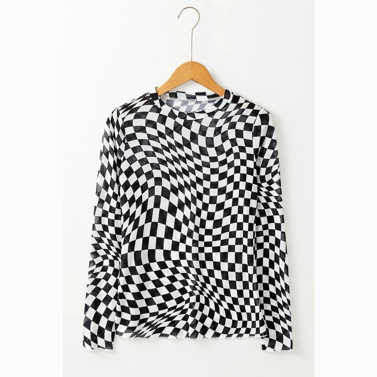 Blanca Black Checkered Pattern Mesh Mock Neck Long Sleeve Top